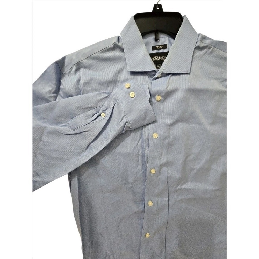 AWEARNESS Kenneth Cole‎ Dress Shirt Men's 16.5 32/33 Slim Fit Non-Iron Blue L/S - Picture 3 of 5